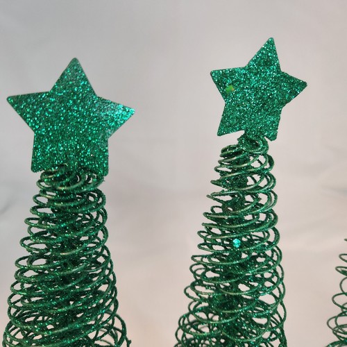 Green Glitter Wire Christmas Trees With Base 9" x 3" Set of 4 Holiday Decoration - Picture 3 of 9