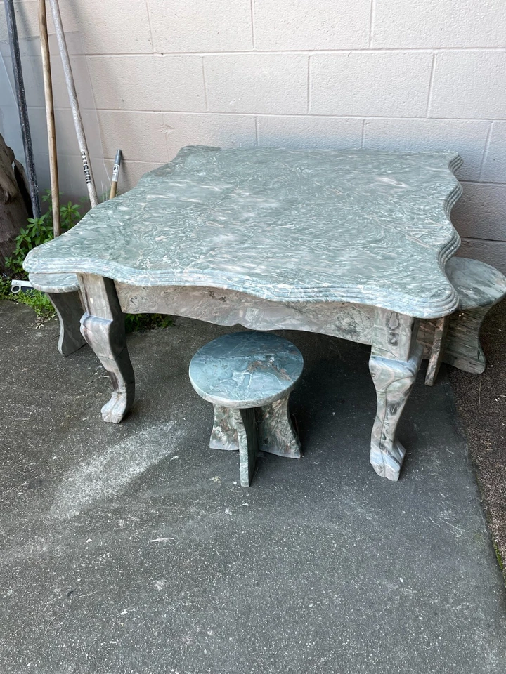 Green Marble Garden Table Set: Table with Four Stools - Image 2 of 4