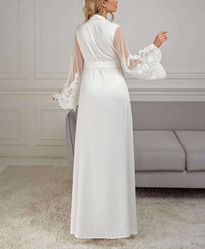 Robe For Women Vintage Nightgown Dressing Long Sheer Lace Sleeve V Neck Belted - Picture 3 of 11