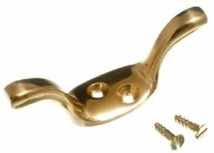 CLEAT HOOK ROMAN BLIND CORD BRASS 4"" 100MM  + SCREWS
