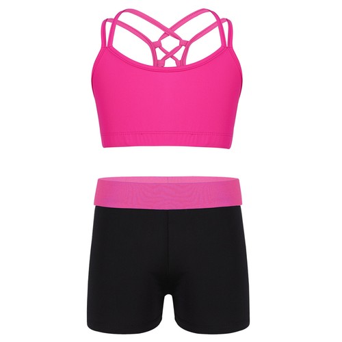 2PCS Kids Girls Sport Dance Outfit Crop Top Shorts Gym Yoga Sportswear Costume - Picture 39 of 40