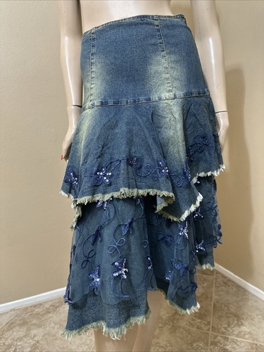 Women’s Blue Denim Cotton Casual Boho Beaded Lace Zipper Size M(6-8) Skirt 3238