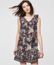 ANN TAYLOR LOFT~Grey FLORAL Flutter Sleeve TASSEL Tie DRESS~XS