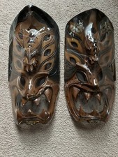 NOS Vintage Set Of 2 Hawaiian Asian Wooden Hand Carved Tiki Demon Masks Dragon