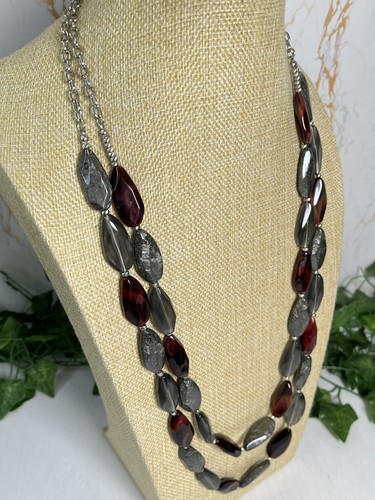 NALI Long Double Strand Burgundy & Grey Acrylic Bead Statement Necklace 1234 - Picture 4 of 13