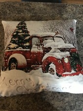 Christmas Tapestry Throw Pillow Red Truck 18" Accent Holiday Snow Home Decor