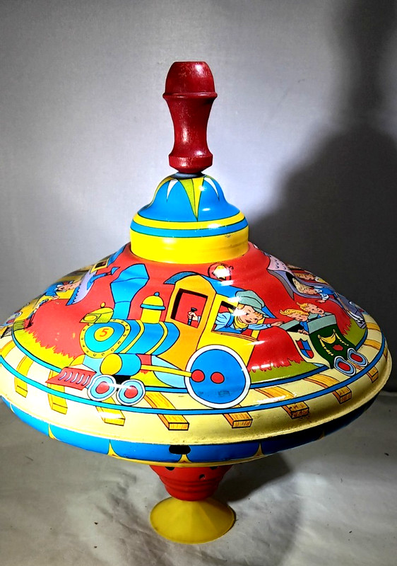 1960's Ohio Art Metal Spinning Top Litho Tin Toy Kids Train VINTAGE