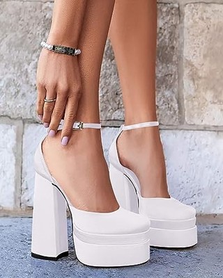 VETASTE PLATFORM CHUNKY HIGH BLOCK HEELS ANKLE SPRING PUMPS SIZE 7 WHITE