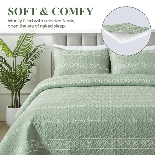 Sage Green Quilt Set King King (106*96 in) Sage Green & Printed Pattern - Picture 5 of 7