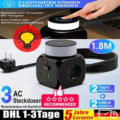 8-in-1 Steckdosenwürfel mit 1,8m Kabel 3 Fach Mehrfachsteckdose mit USB C +Lampe