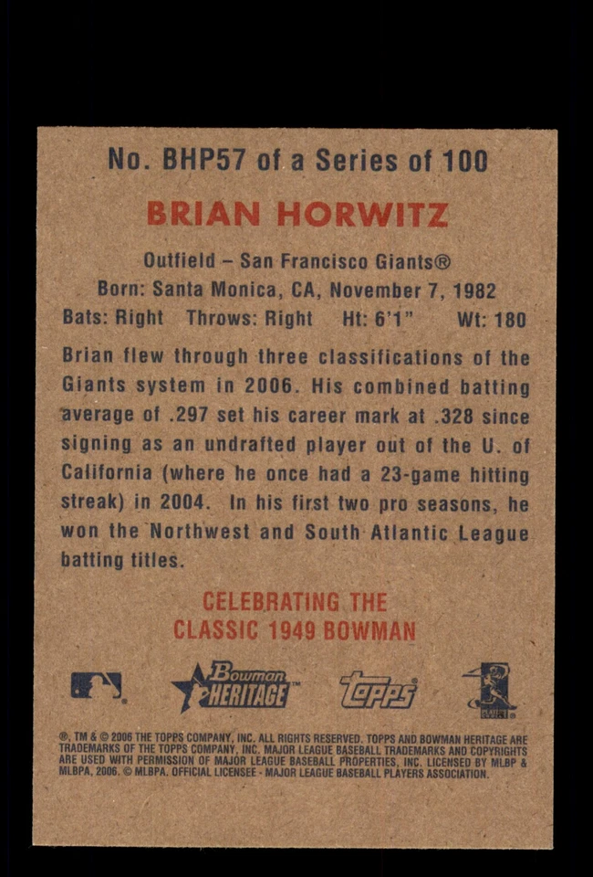 Signed Baseball Card Auto Brian Horwitz 2006 Bowman Heritage #BHP57 Giants - Image 2 of 2