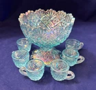 Westmoreland "File and Fan" Iridescent Blue Mini Punch Bowl Set 6 Mugs