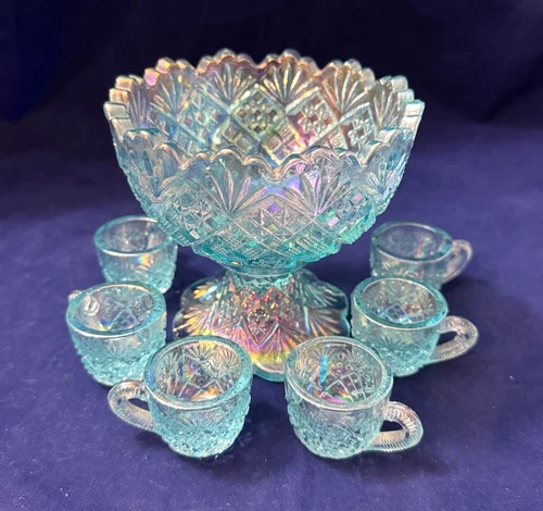 Westmoreland "File and Fan" Iridescent Blue Mini Punch Bowl Set 6 Mugs
