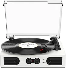 Vinyl Record Player with Built-in Stereo Speakers and Bass Adjust, White 