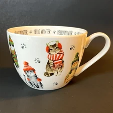 PORTOBELLO By Design Cats Hello Winter Bone China 20 oz Holiday Coffee Mug Cup