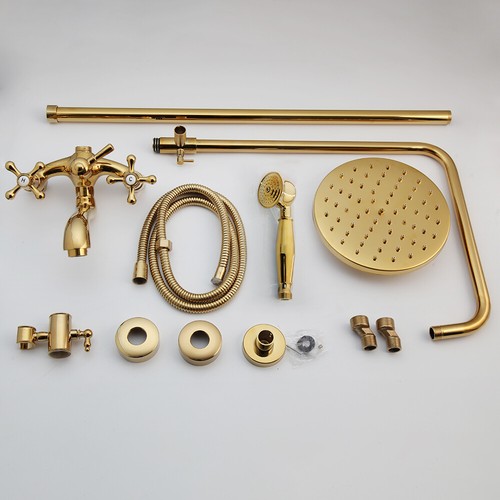 8" Bathroom Rain Shower Faucet Gold Valve Mixer Hand Sprayer Wall Mount Tap Set - Picture 2 of 9
