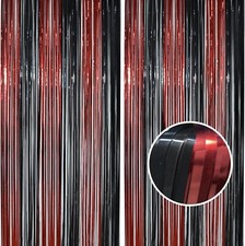 Tinsel Photo Backdrop Curtains 2 Pack 3.2x8.2ft Black Red Foil Halloween Party