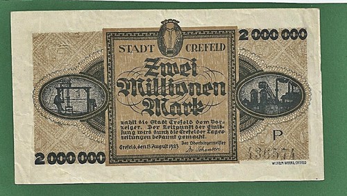 03 201 Notgeld Stadt Crefeld 2 Millionen Mark, 13.8.1923, Serie P - Picture 1 of 2