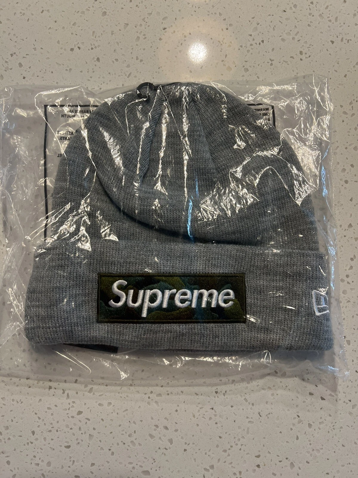 Bonnet Supreme New Era Box Logo FW23 gris bruyère camouflage bogo