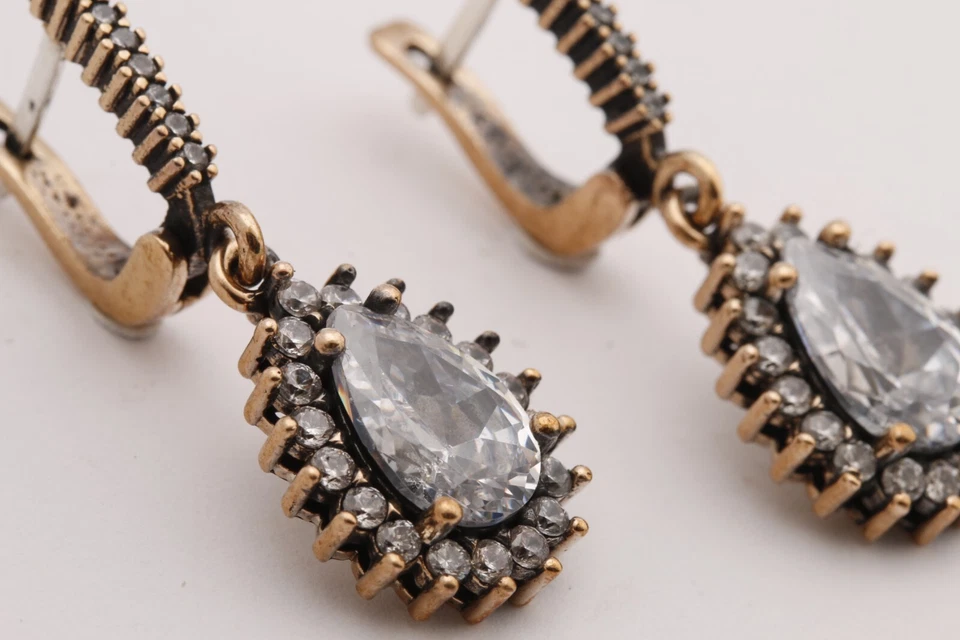 Turkish Jewelry Drop Shape White Topaz Bronze 925 Sterling Silver Earrings - Image 4 of 4