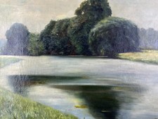 Dipinto olio su tela paesaggio fiume davanti agli alberi firmato finlandese 1919
