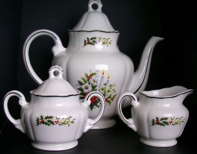GRINDLEY ROYAL TUDOR CHRISTMAS TREE TEA SET TEAPOT CREAMER & SUGAR BOWL