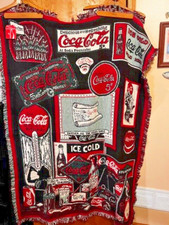 Coca Cola Advertisement Afghan Throw Blanket Tapestry Fringes 70" x 50" Rare