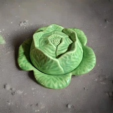 Vintage Cabbage Ceramic Lidded Bowl 7" X 6.5 tall Curled leaves Lovely Green