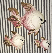 LOT OF 3 SET VTG 1956 MCM Deforest Of California PINK & GOLD CERAMIC FISH - Read