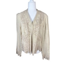 Coldwater Creek Jacket Womens L Venice Flower Beige Linen Blend Lace Trim