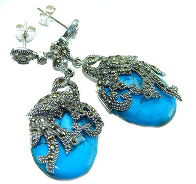 Große blaue Türkis 925 Sterling Silber Ohrringe Handarbeit Unikat 2'' lang