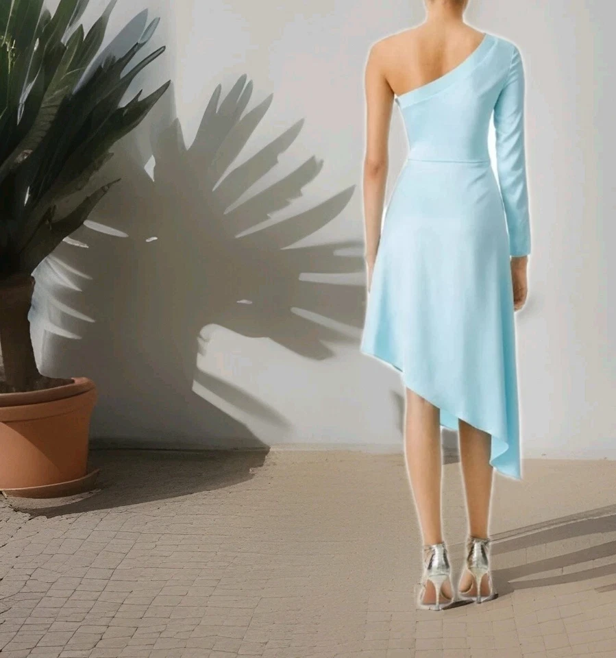 ALICE + OLIVIA Dora One Shoulder Asymmetrical Satin Midi Dress Blue Size 14 XL - Image 3 of 4