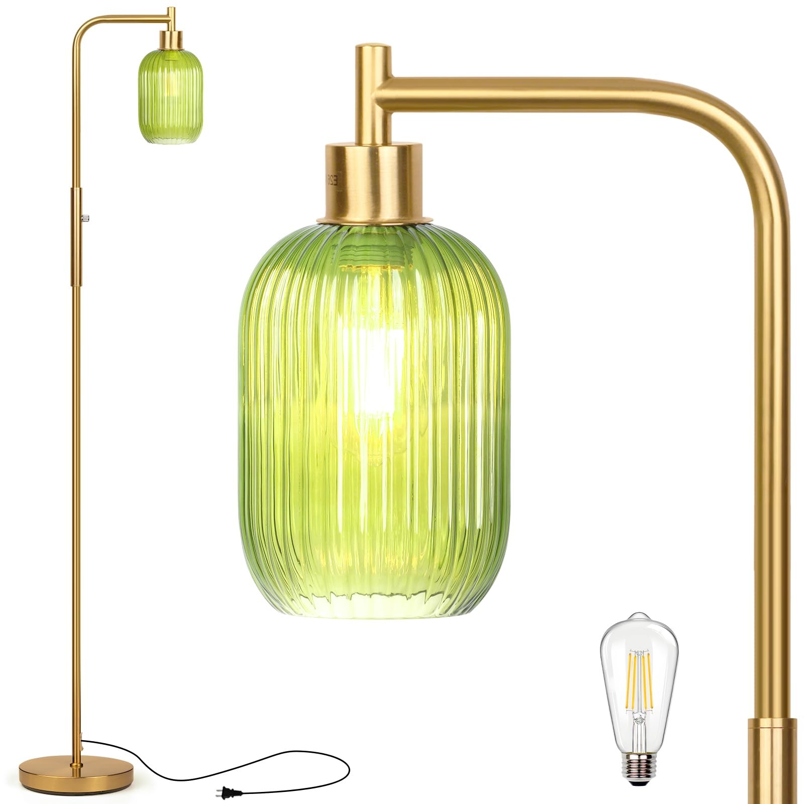 Glass Floor Lamp for Living Room, Dimmer Standing Lamp with Green Ribbed Lamp...