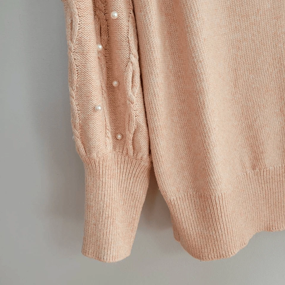 2X Suéter Cuello Redondo Rosa Melocotón Manga Globo Perla Adornos Glamour Foto 4 de 4