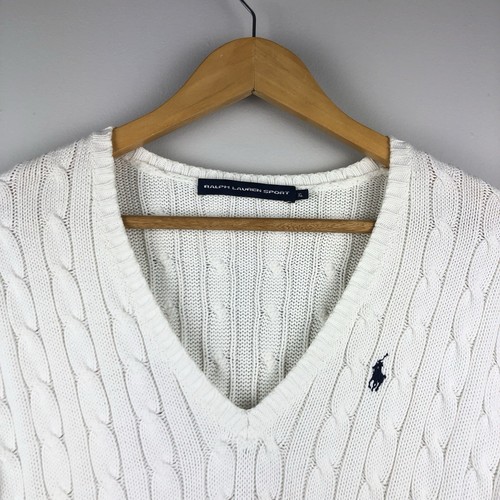 Ralph Lauren White Cable Knit 100% Cotton Jumper V Neck Women XL UK 14 - Picture 3 of 9