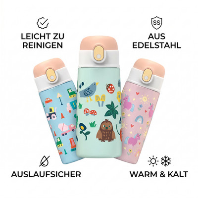 Kinder Trinkflasche Edelstahl 480ml | auslaufsicher BPA-frei mit Strohhalm