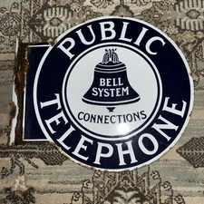 VINTAGE BELL SYSTEM PUBLIC TELEPHONE ROUND ENAMEL PORCELAIN FLANGED SIGN 18”