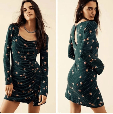 $108 Free People Celia Floral Square Neck Long Sleeve Green Dress Size M NWT