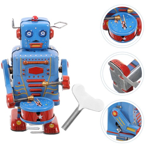 1pc Tin Toy Clockwork Drumming Robot Toy Tinplate Vintage Wind Toy