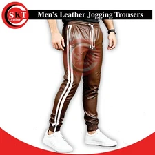 Men's Jogging Bottom Trousers Brown White Stripes Leather Sweat Tracksuit Pants