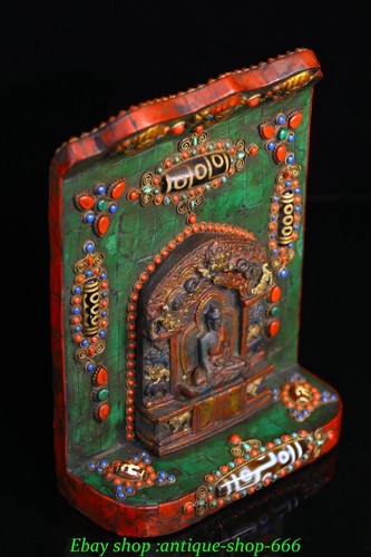 Old Tibet Turquoise Dzi Bead Gems Buddhism Seat Shakyamuni Buddha Shrines Tangka - Picture 3 of 8