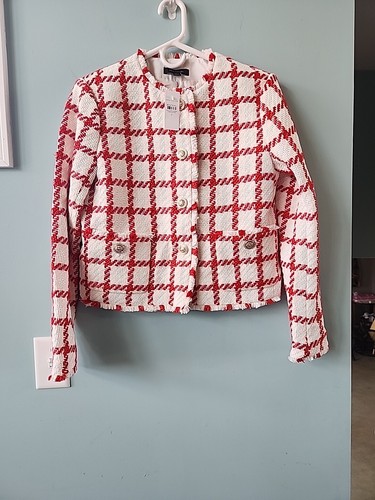 Ann Taylor Plaid Fringe Tweed Jacket White & Red Size 2 NEW with Tags Orig $179 - 第 1/5 張圖片