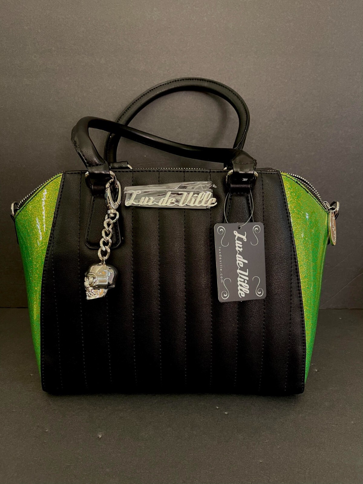 Lux De Ville LADY VAMP Skull Tote LIME SPARKLE Retro PINUP Rockabilly