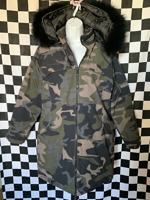 New Long Thick ARMY Green CAMOUFLAGE PUFFER Ski Coat CAMO Jacket Fur  Women's M