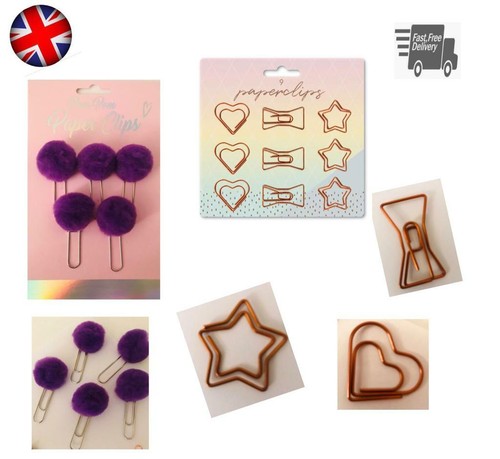 9 Oro Rosa - Cobre Púrpura Divertido Pom Papel Clips Novedad Forma Corazón Estrella Arco - Imagen 1 de 7