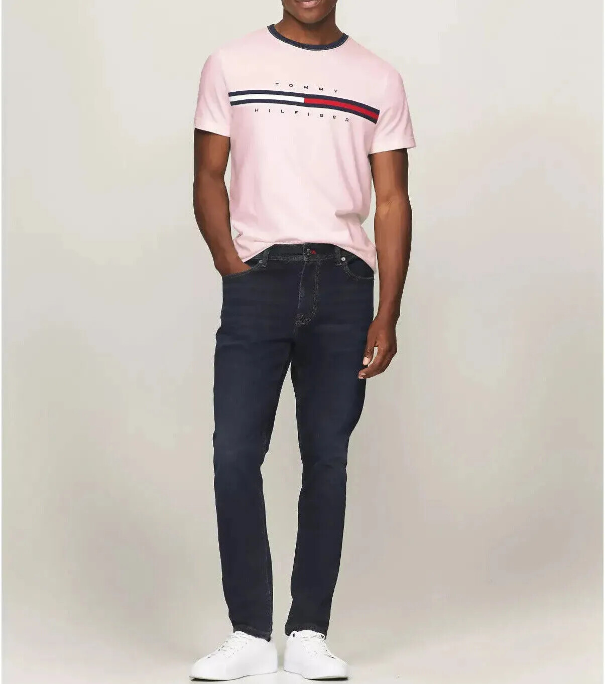 NWT Tommy Hilfiger Mens Essential Flag Logo Ringer Short Sleeve T-Shirt Tee Pink image 5