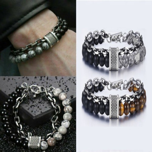 Men's Beaded Bracelet With Tiger EyeStainless Steel ,Natural Map Stone Women - Picture 2 of 17