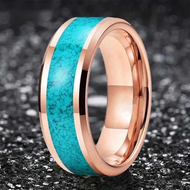 Anillo cómodo con incrustaciones de turquesa fragmentado anillo de carburo de tungsteno de 8 mm para hombres y mujeres Foto 4 de 4