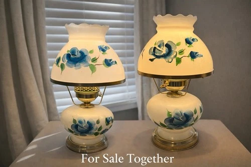 Vintage Hand Painted Hurricane Lamps Pair Floral Milk Glass Fully Working