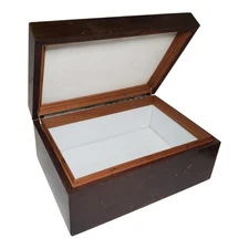 Antique Wooden Cigar Humidor Box w/ Milk Glass Interior 7"x10"x4.5"